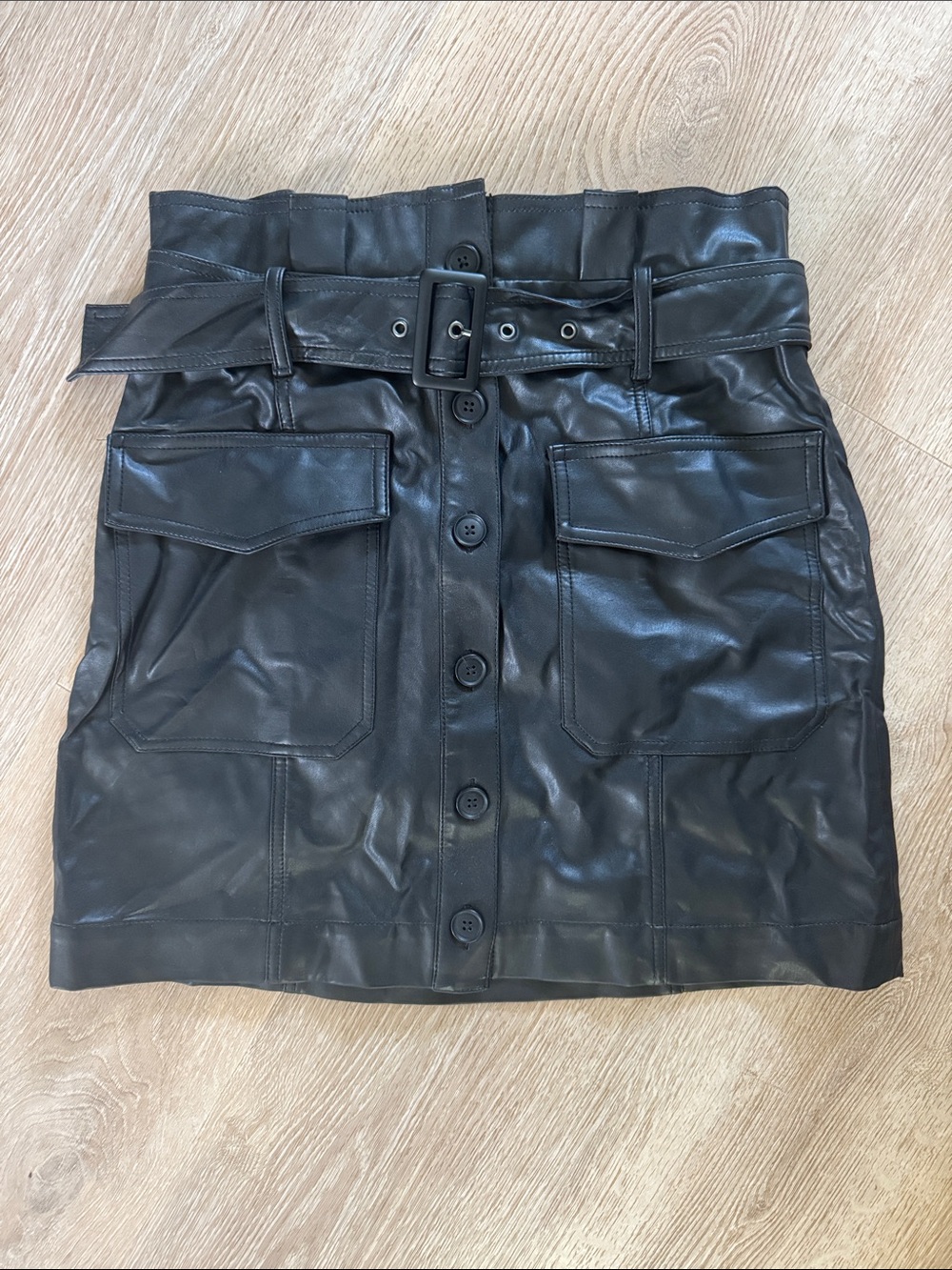 Banana Republic Black Faux Leather Button-Front Mini Skirt with Belt